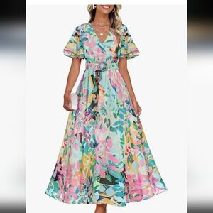 ZESICA Women's 2026 Summer Floral V Neck Midi Dress Boho Short Sleeve High Waist